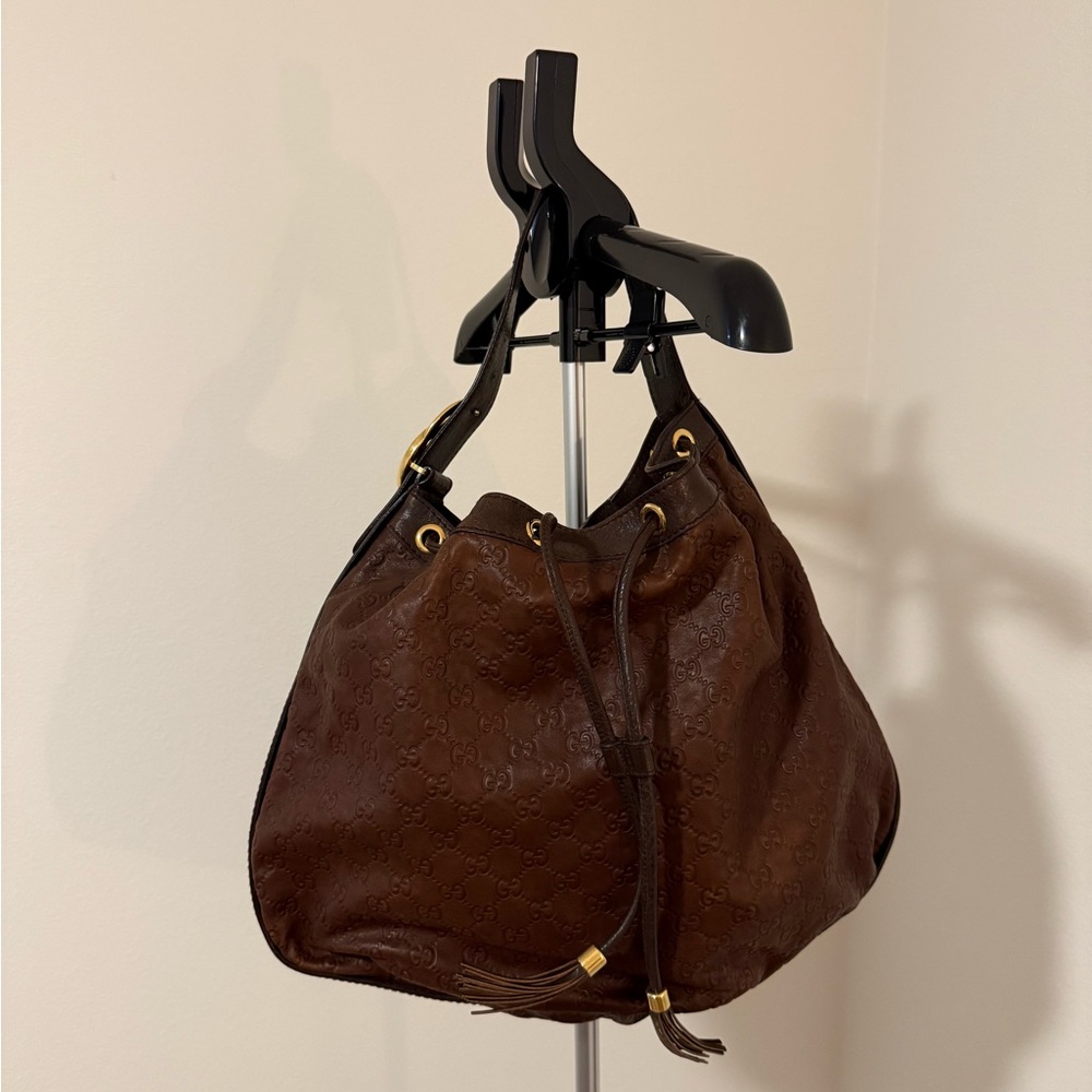 Gucci Dark Brown Leather Hobo Bag with Gold Accents